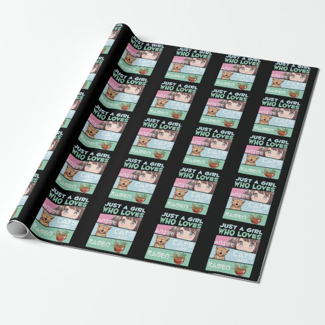 Anime Girl Cat och Ramen beroende japansk noodles Presentpapper (Utrullad)