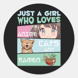 Anime Girl Cat och Ramen beroende japansk noodles Runt Klistermärke