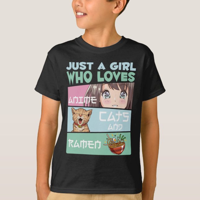 Anime Girl Cat och Ramen beroende japansk noodles T Shirt (Framsida)