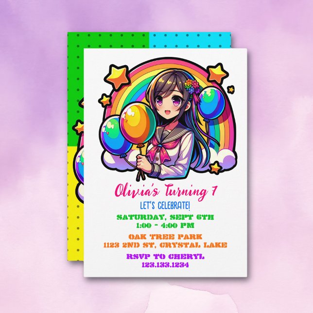 Anime Girl Colorful Pop Art Birthday Inbjudningar (Skapare uppladdad)