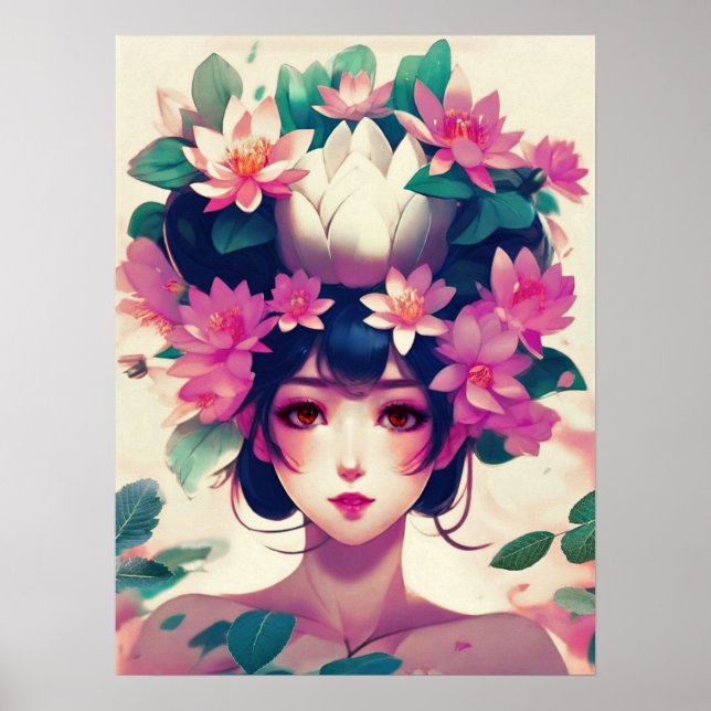 Anime Girl Crowned with Lotus Blossoms Poster (Framsidan)