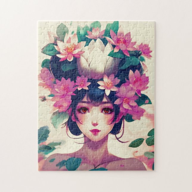 Anime Girl Crowned with Lotus Blossoms Pussel (Vertikal)