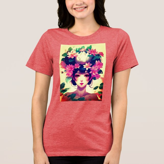 Anime Girl Crowned with Lotus Blossoms T Shirt (Framsida)