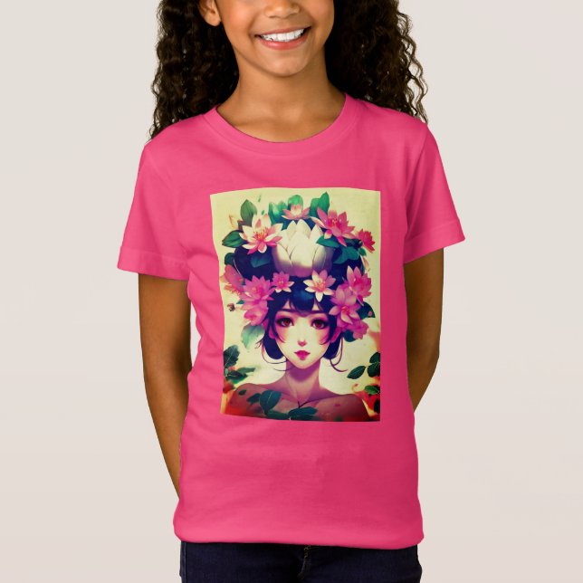 Anime Girl Crowned with Lotus Blossoms T Shirt (Framsida)