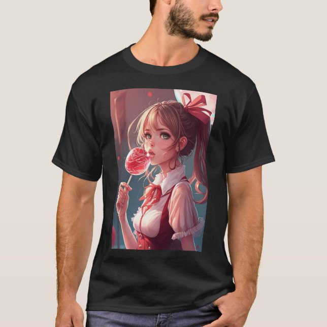 Anime Girl Cute Snygging Eating Lollipop Sexy Shir T Shirt (Framsida)