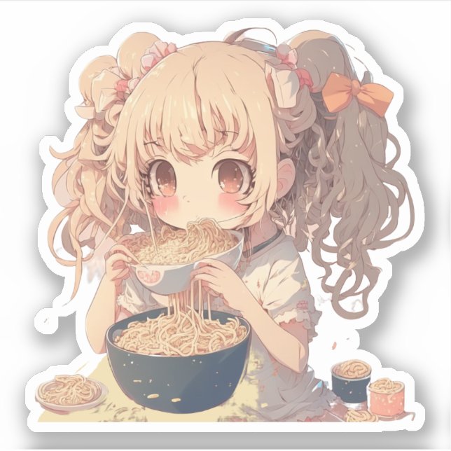 Anime Girl Eating Ramen Noodles Klistermärken (Framsida)