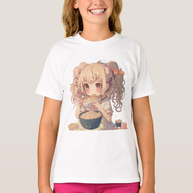 Anime Girl Eating Ramen Noodles T Shirt (Framsida)