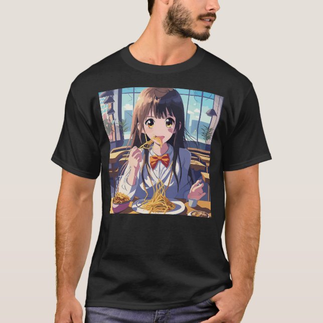 Anime Girl Eating Spaghetti T Shirt (Framsida)