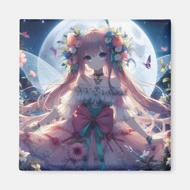 Anime Girl Flower Måne Fairy Magnet (Framsidan)