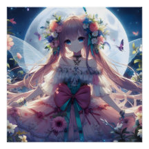 Anime Girl Flower Måne Fairy