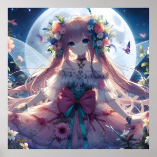 Anime Girl Flower Måne Fairy Poster