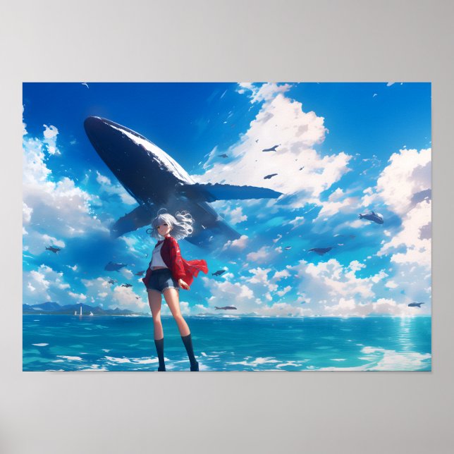 Anime Girl Flying Whale Blue Sea Horizontal  Poster (Framsidan)
