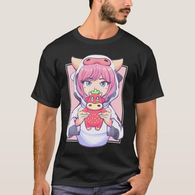 Anime Girl for Cow Älskare and Strawberry Kawaii C T Shirt (Framsida)
