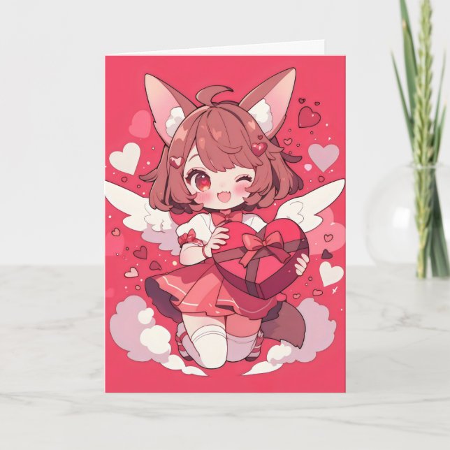 Anime Girl Funny Kawaii Kärlek Helgkort (Framsida)
