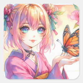 Anime Girl Holding a Butterfly Ai Art Fyrkantigt Klistermärke