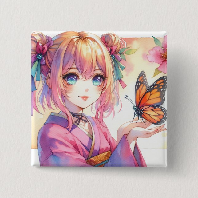 Anime Girl Holding a Butterfly Ai Art Knapp (Framsida)