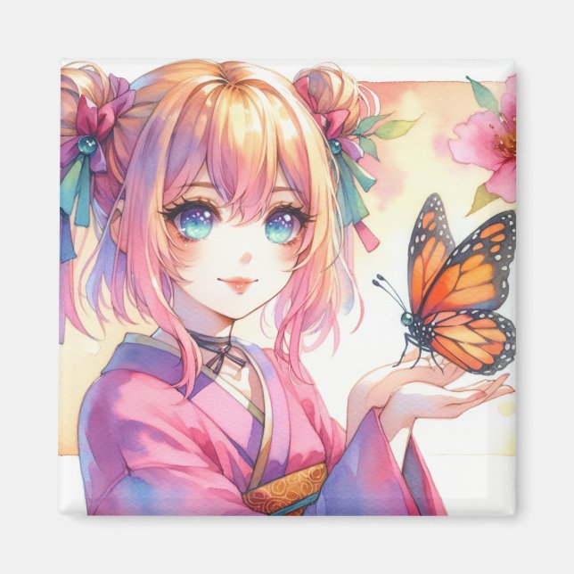 Anime Girl Holding a Butterfly Ai Art Magnet (Framsidan)