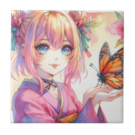 Anime Girl Holding a Butterfly Kakelplatta