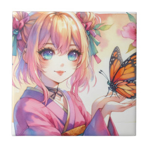 Anime Girl Holding a Butterfly Kakelplatta