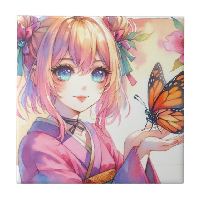 Anime Girl Holding a Butterfly Kakelplatta (Framsidan)