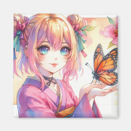 Anime Girl Holding a Butterfly Magnet