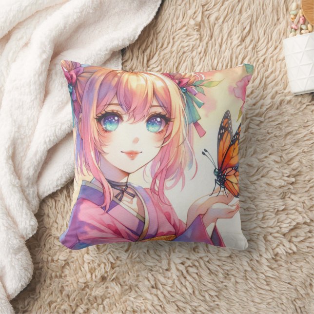 Anime Girl Holding a Butterfly Personlig Kudde (Filt)