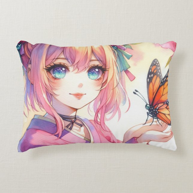 Anime Girl Holding a Butterfly Personlig Prydnadskudde (Framsidan)