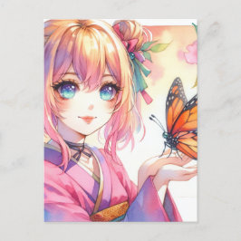 Anime Girl Holding a Butterfly Vykort