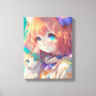 Anime Girl Holding en Aditable Kitten Canvastryck