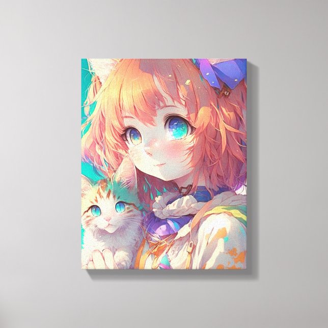 Anime Girl Holding en Aditable Kitten Canvastryck (Framsida)