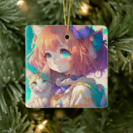 Anime Girl Holding en Aditable Kitten Julgransprydnad Keramik