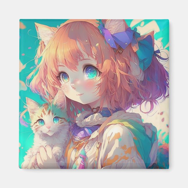 Anime Girl Holding en Aditable Kitten Magnet (Framsidan)