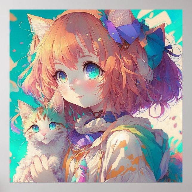 Anime Girl Holding en Aditable Kitten Poster (Framsidan)
