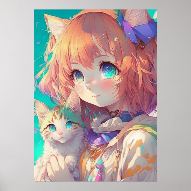 Anime Girl Holding en Aditable Kitten Poster (Framsidan)