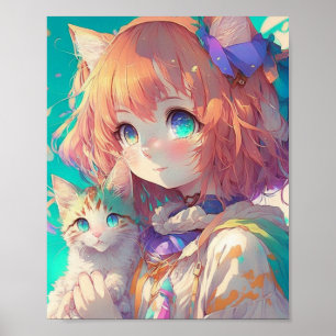 Anime Girl Holding en Aditable Kitten Poster