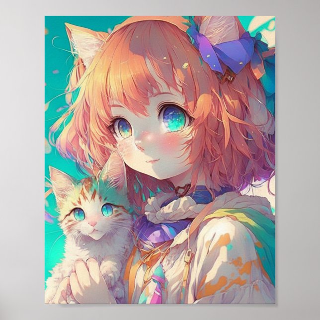 Anime Girl Holding en Aditable Kitten Poster (Framsidan)