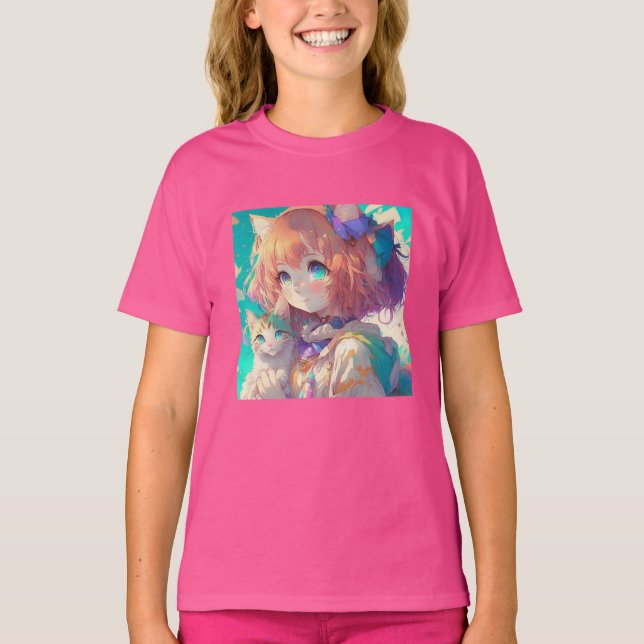 Anime Girl Holding en Aditable Kitten T Shirt (Framsida)