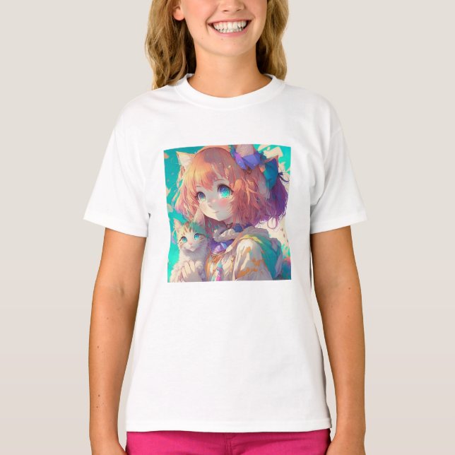 Anime Girl Holding en Aditable Kitten T Shirt (Framsida)