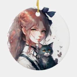 Anime Girl Holding Hennes Cat Watercolor Porträtt Julgransprydnad Keramik