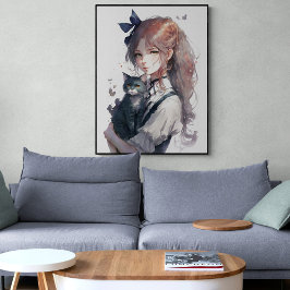 Anime Girl Holding Hennes Cat Watercolor Porträtt Poster