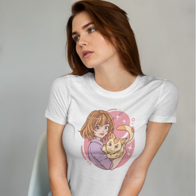 Anime Girl Hugga A Cat T Shirt (Skapare uppladdad)