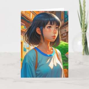 Anime Girl in City   Födelsedagarfärgsida Kort