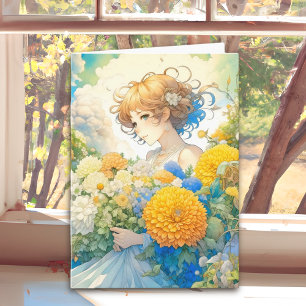 Anime Girl in Flowers   Tänk på dig Kort