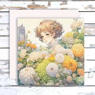 Anime Girl in Gula blommor Blank