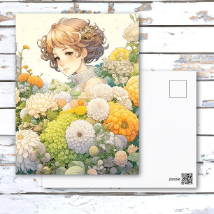 Anime Girl in Gula blommor Personlig Birthday Vykort