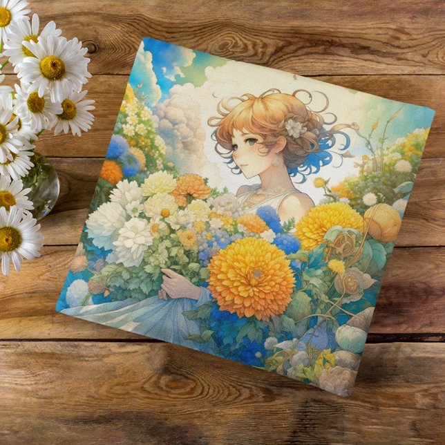 Anime Girl in Gult and Blåa blommor Kudde (Skapare uppladdad)