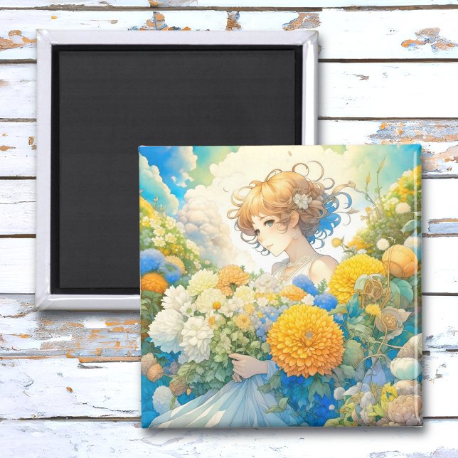 Anime Girl in Gult and Blåa blommor Magnet (Skapare uppladdad)
