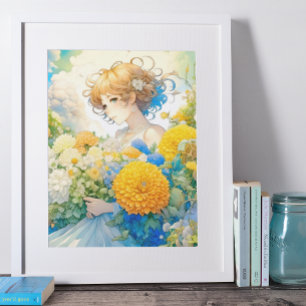 Anime Girl in Gult and Blåa blommor Poster