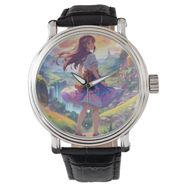Anime Girl in Ligcape Round Clock Armbandsur (Framsida)