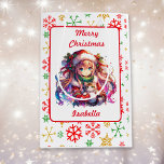 Anime Girl in Santa Hat Watercolor jul<br><div class="desc">Vattenfärgad animerad tjej i julhatt med söt kattad personlig julklapp. På baksidan finns söt Red,  guld och grönt snöflingor.</div>